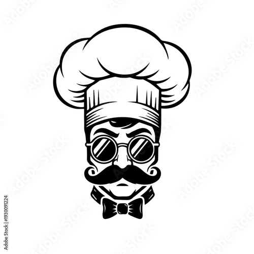 Funny cartoon mascot vector illustration of a human skull chef character wearing a black hat and holding a knife and fork for a restaurant tattoo design