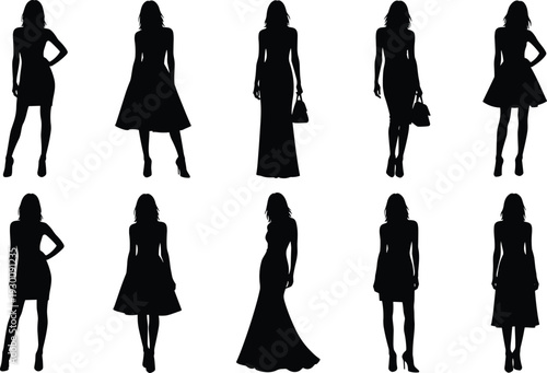 Black silhouette set of elegant fashion models and stylish women in various poses and dresses for apparel catalog design elements.