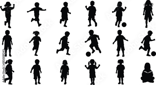 Black kids silhouette vector collection featuring children playing soccer running jumping reading and standing isolated on a clean white background
