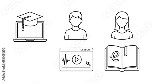 Online learning platform icon set featuring graduation laptop and e-learning materials for students and teachers