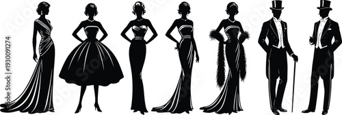 Black silhouette set of elegant men and women in vintage formal evening wear including ball gowns tuxedos and top hats.