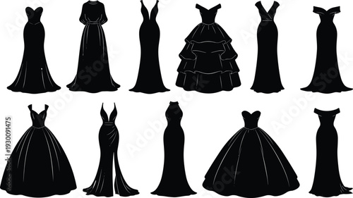 Black silhouette set of elegant wedding dresses and bridal gowns for marriage ceremony fashion boutique catalog and formal apparel design.