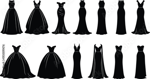 Black silhouette set of elegant wedding dresses and bridal gowns for marriage ceremony fashion boutique catalog and formal apparel design.