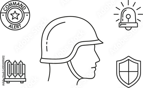 Security icons collection featuring fire fighter helmet and alert symbols for emergency response and protection services online
