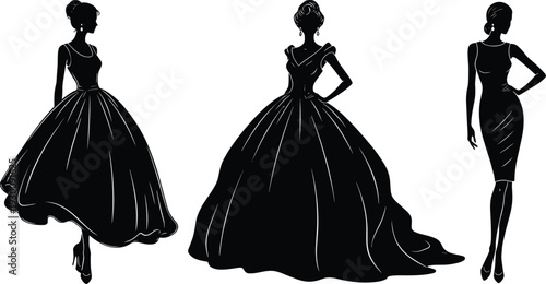 Black silhouette set of elegant women wearing formal evening gowns and stylish dresses for luxury fashion boutique and apparel design.