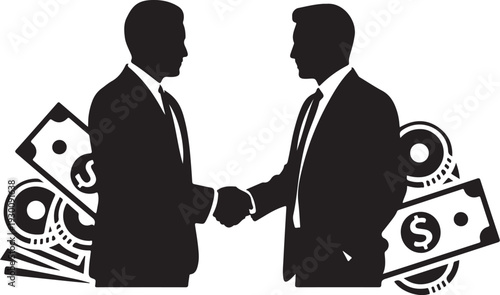 Black silhouette two businessmen shaking hands with money