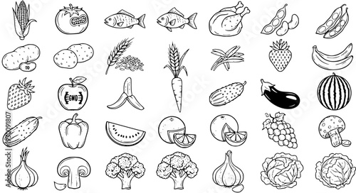 Hand Drawn Food Icons Set: Vegetables, Fruits, Meat, Fish  Grains. Black and White Sketch Collection for Healthy Eating, Grocery, Market, and Agriculture.