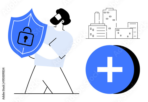 Security concept. A man holds a shield with a lock symbol, emphasizing security. Cityscape and plus sign safety and healthcare. For IT, healthcare, urban planning, apps, wellness