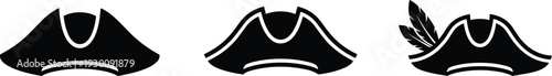 Black silhouette set of pirate tricorn hats and historical naval headwear with feathers for carnival costume party and theater props.