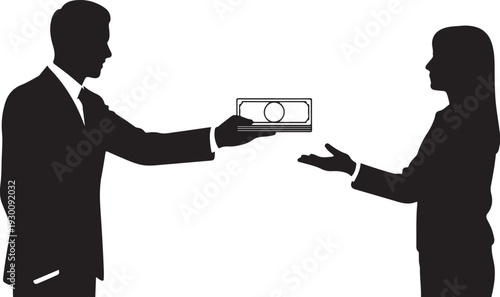 Silhouette of man handing cash to woman business