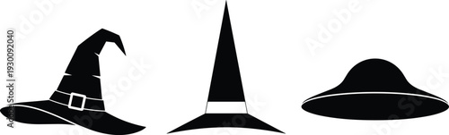 Black silhouette set of witch hats and wizard headwear for Halloween party decoration and spooky magic elements isolated on white.