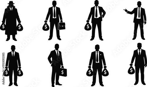Black vector silhouettes of businessmen in suits holding money bags and briefcases, financial success and wealth management icons for business.