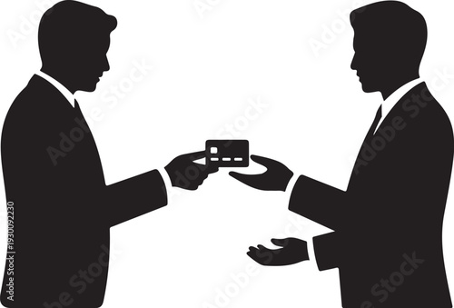 Two businessmen exchanging a credit card exchange silhouette