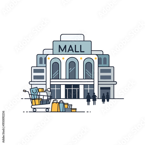Vector illustration of a modern shopping mall exterior with people and shopping cart full of bags