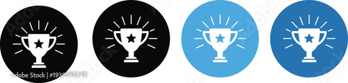 Set of flat trophy cup icons with star and light rays in circular buttons, victory and achievement symbols for gaming apps.