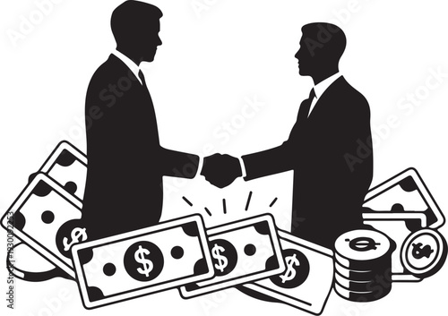Two businessmen shaking hands over money handshake