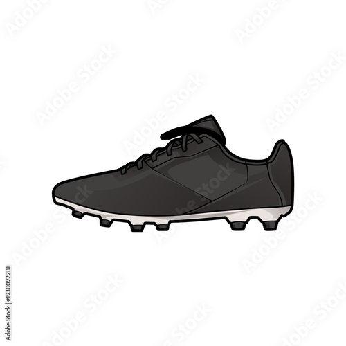Colored vector illustration of a blank black soccer cleat from a side profile view. Features realistic shading and white sole. Perfect for sports team branding and athletic equipment mockups.