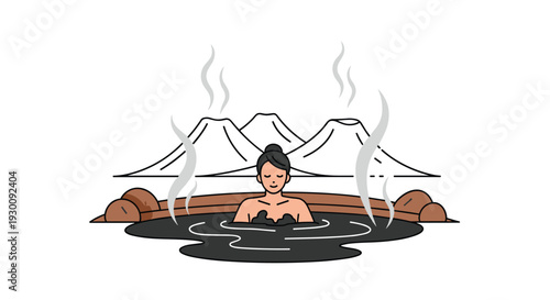 A woman with closed eyes bathes in a dark steaming hot spring surrounded by brown rocks with three stylized mountains in the background, Generative AI.