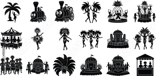 Brazilian Carnival Silhouette Collection Featuring Samba Dancers Festival Parade Floats Drum Bands Tropical Party Icons and Celebration Vector Elements Set