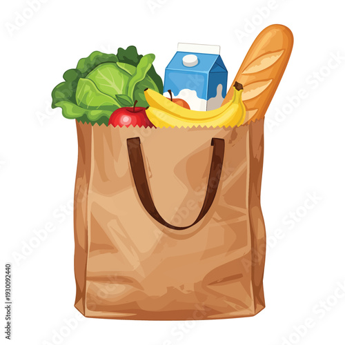Illustration of a grocery bag filled with fresh produce and dairy products from a store