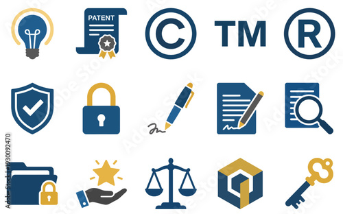 Intellectual Property Patent and Copyright Legal Flat Icon Set