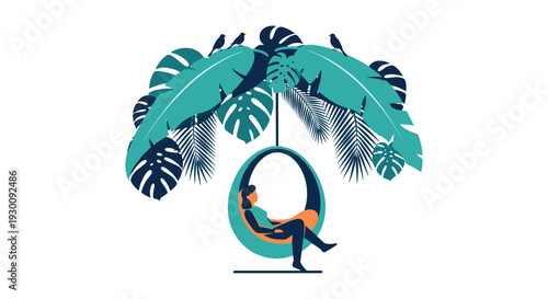 A woman is relaxing in a teal hanging egg chair under a dense canopy of large tropical leaves with small birds perched, Generative AI.