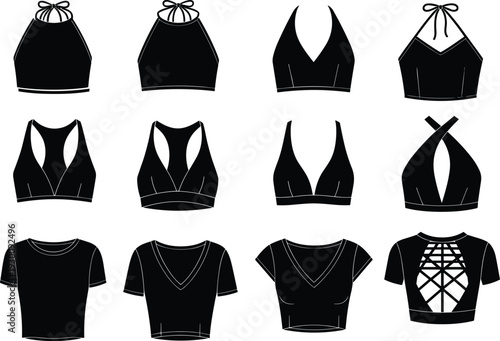 Vector set of women's black crop tops, halter necks, and t-shirt templates, fashion apparel flat sketches for clothing design mockups.
