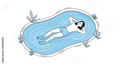 An overhead illustration depicts a person with dark hair floating on their back in an irregularly shaped light blue pool surrounded by ripples and small plants, Generative AI.