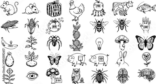Genetic Modification and Bioengineering Icons Set: Hand-drawn illustrations depicting GMO animals, plants, technology, science, and consumerism's impact.