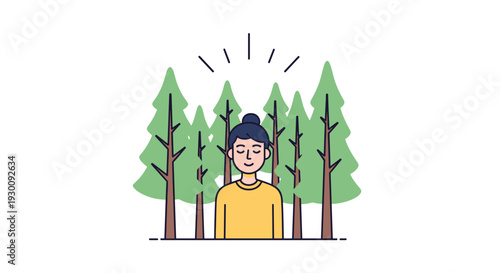 A person with a top bun and closed eyes stands peacefully among five green pine trees radiating a calm aura on a light background, Generative AI.