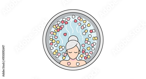 An overhead view illustrates a person with grey hair relaxing in a circular bath filled with colorful flower petals and rising steam, Generative AI.