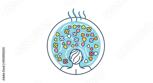 A person enjoys a luxurious floral bath submerged in a circular tub filled with colorful flower petals and rising steam, Generative AI.