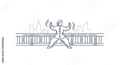 A person performs a graceful Tai Chi pose on a bridge with a minimalist city skyline serving as a serene background, Generative AI.