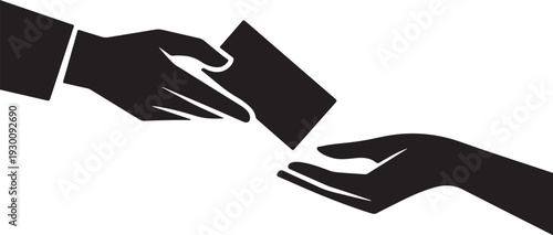 Two hands exchanging a card exchange giving receiving