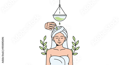A serene woman receives a traditional head treatment with a single drop of liquid falling from a hanging bowl onto her head flanked by green branches, Generative AI.