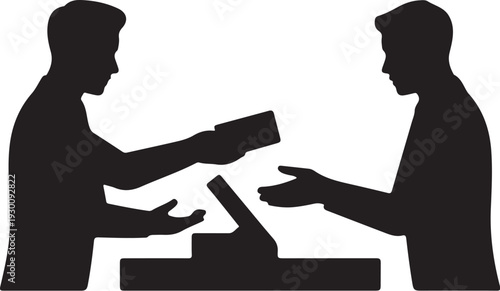 Two men exchanging a document over a table silhouettes