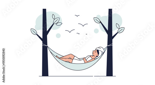 A person wrapped in a white towel peacefully relaxes in a light blue hammock suspended between two dark tree trunks with birds flying above, Generative AI.