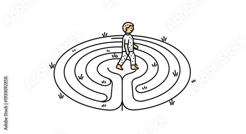 A person walks along the winding path of a circular labyrinth with small tufts of green grass against a clean white background, Generative AI.