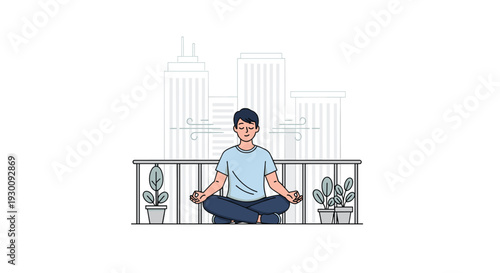 A man sits cross-legged in a lotus position meditating on a balcony with potted plants against a backdrop of city buildings, Generative AI.