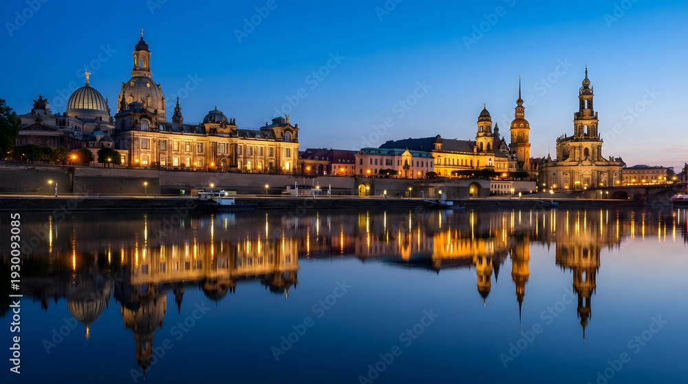 Fototapeta premium Illuminated Dresden Skyline with Frauenkirche Reflection at Blue Hour – Iconic German Cultural Heritage Concept