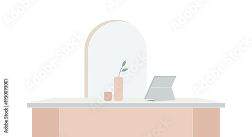 A minimalist spa reception desk with a light pink counter displays a tall vase a small cup and a grey tablet device against an arched white backdrop, Generative AI.