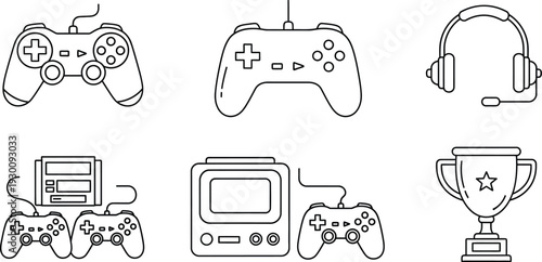 Various gaming devices and accessories including gamepads headsets and trophies for entertainment and competition purposes only