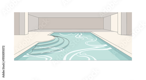 An indoor swimming pool with light blue water and white wavy patterns is depicted featuring three entry steps within a minimalist architectural setting, Generative AI.