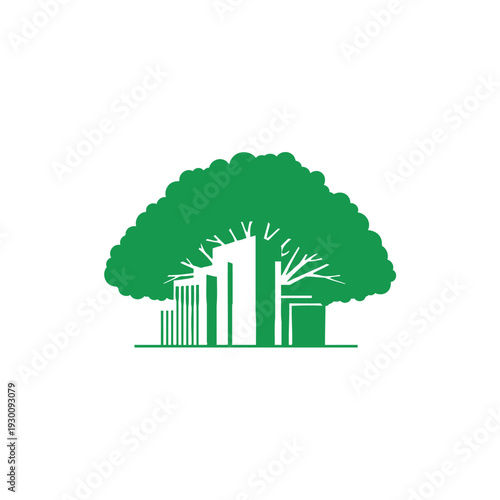 Tree and Buildings Silhouette with Green Canopy and Modern Structures
