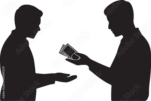 Two men exchanging money in silhouette silhouettes
