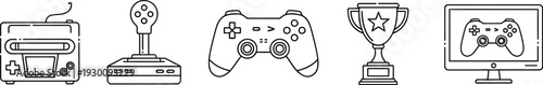 Collection of gaming icons featuring various controllers and a trophy symbolizing gaming achievements and entertainment