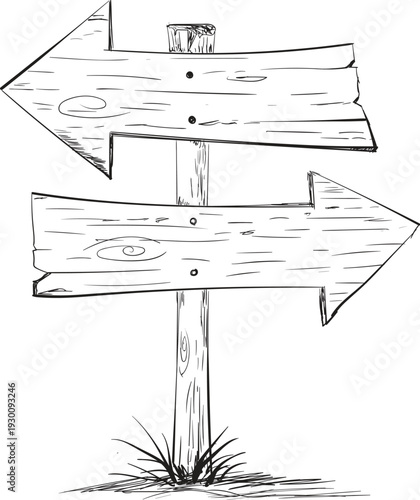 Wooden signpost with arrows pointing in opposite directions hand drawn sketch on transparent background showing choice path direction travel decision making crossroads concept with rustic texture art