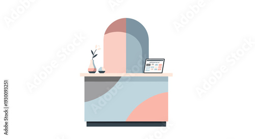 A modern spa reception desk with a curved arch backdrop displays a vase two bowls and a tablet with a calendar, Generative AI.