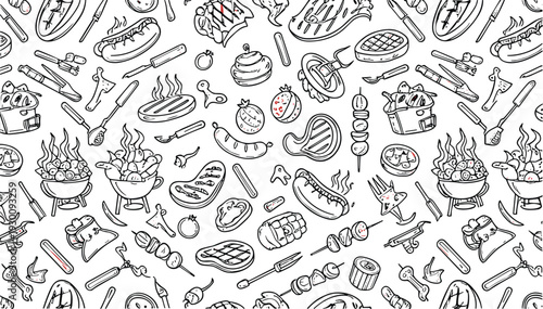 Barbecue and Grilled Food Seamless Pattern Hand Drawn BBQ Party Elements Outline Vector Illustration
