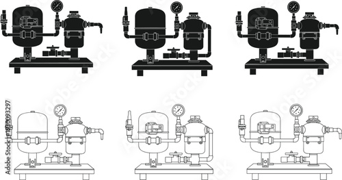 Industrial water pump filtration system vector silhouette and outline icon set featuring pressure gauge expansion tank and plumbing valve components.